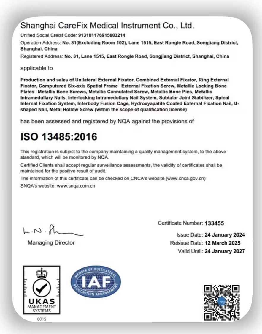 CareFix ISO 13485 Quality Management System Certification